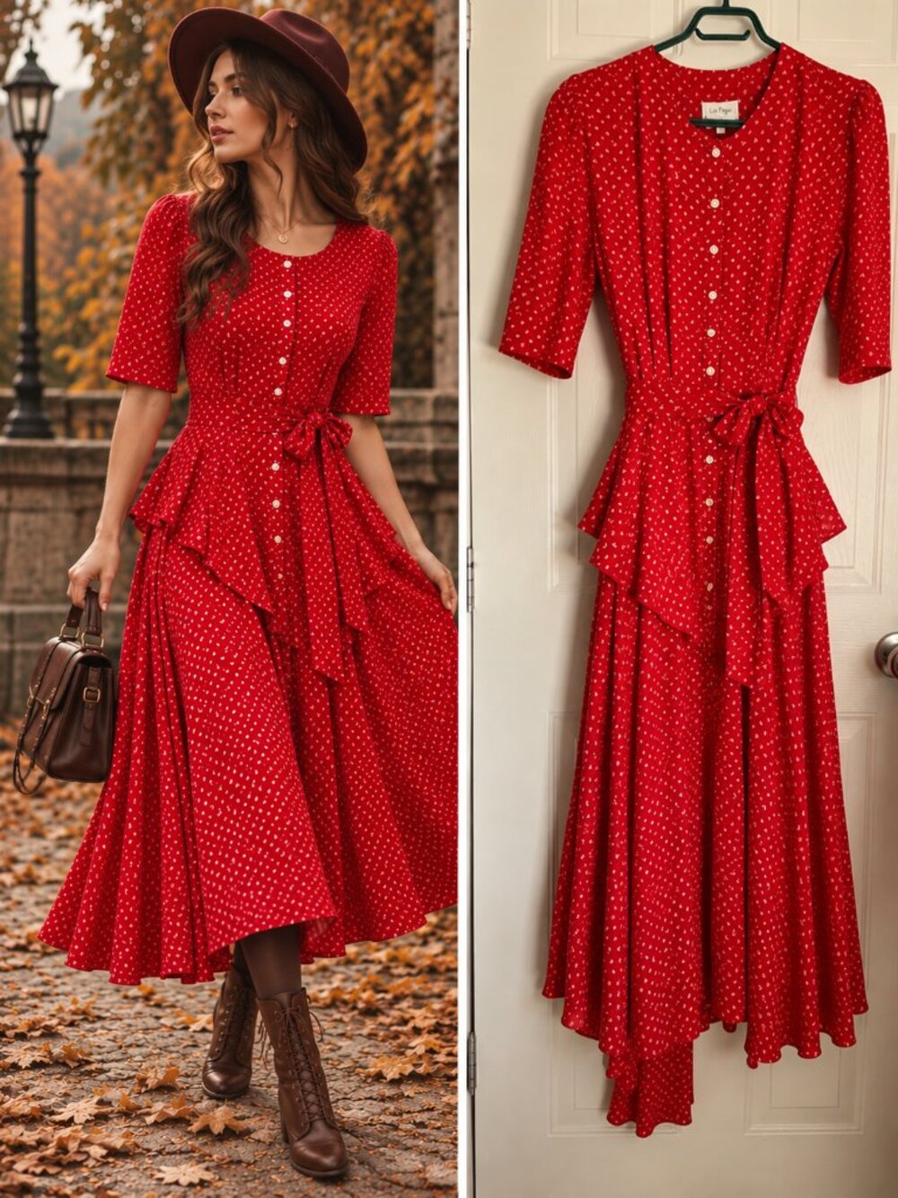 A La Page Red White Bow Print Vintage Midi Dress Belted Peplum Cottagecore S/M